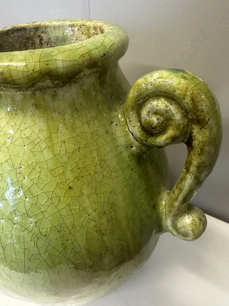 Green Glazed Crazed Effect Vase With Two Handles H34cm. Image 1++