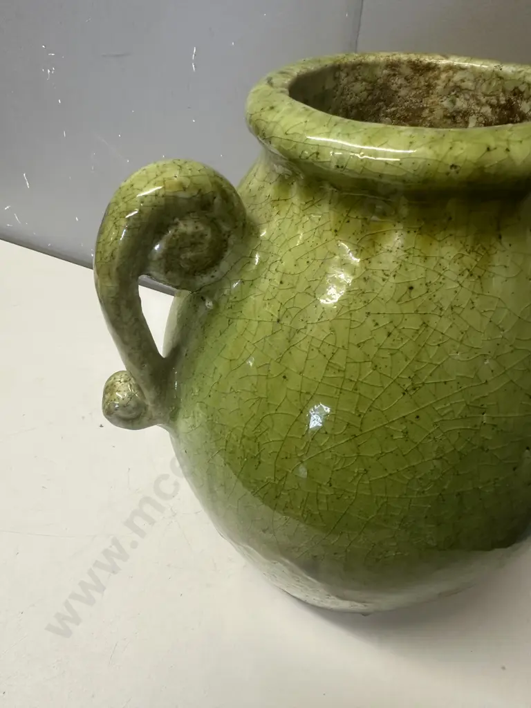 Green Glazed Crazed Effect Vase With Two Handles H34cm. Image 1++