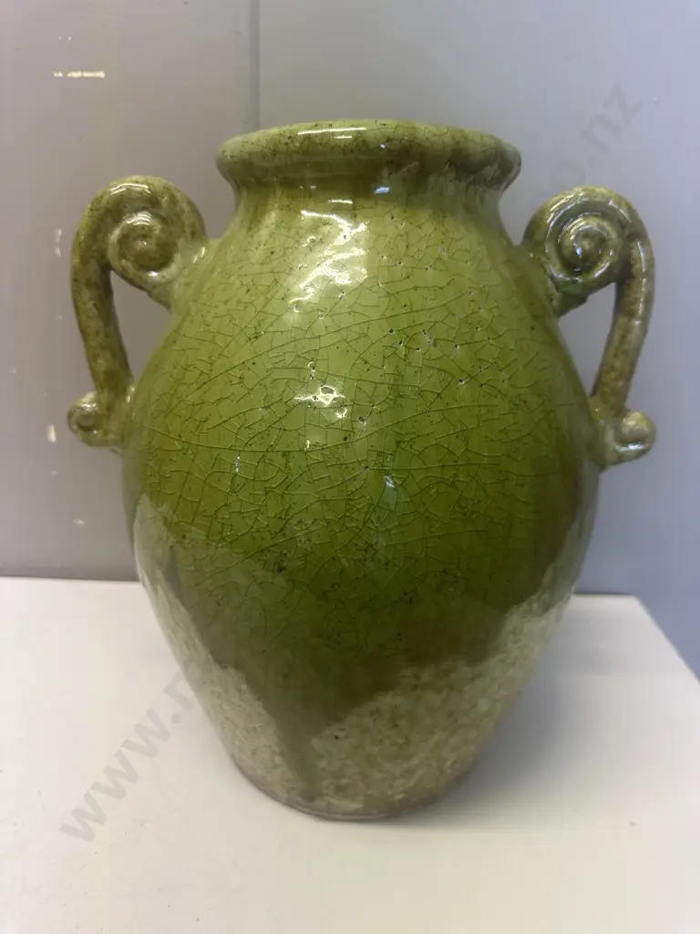 Green Glazed Crazed Effect Vase With Two Handles H34cm. Image 1++