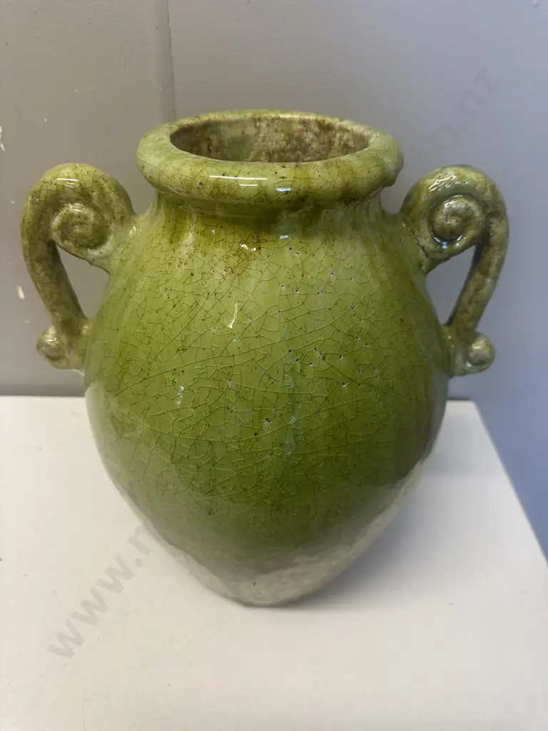 Green Glazed Crazed Effect Vase With Two Handles H34cm. Image 1++