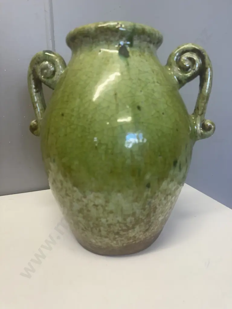 Green Glazed Crazed Effect Vase With Two Handles H34cm. Image 1++