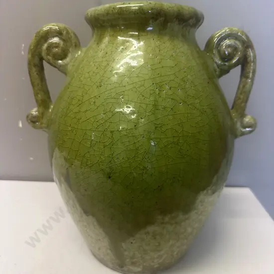 Green Glazed Crazed Effect Vase With Two Handles H34cm.
