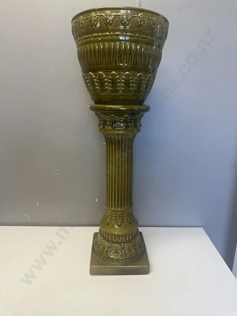 West German Two Piece Ceramic Jardinier & Pedestal Green Glazed Image 1++