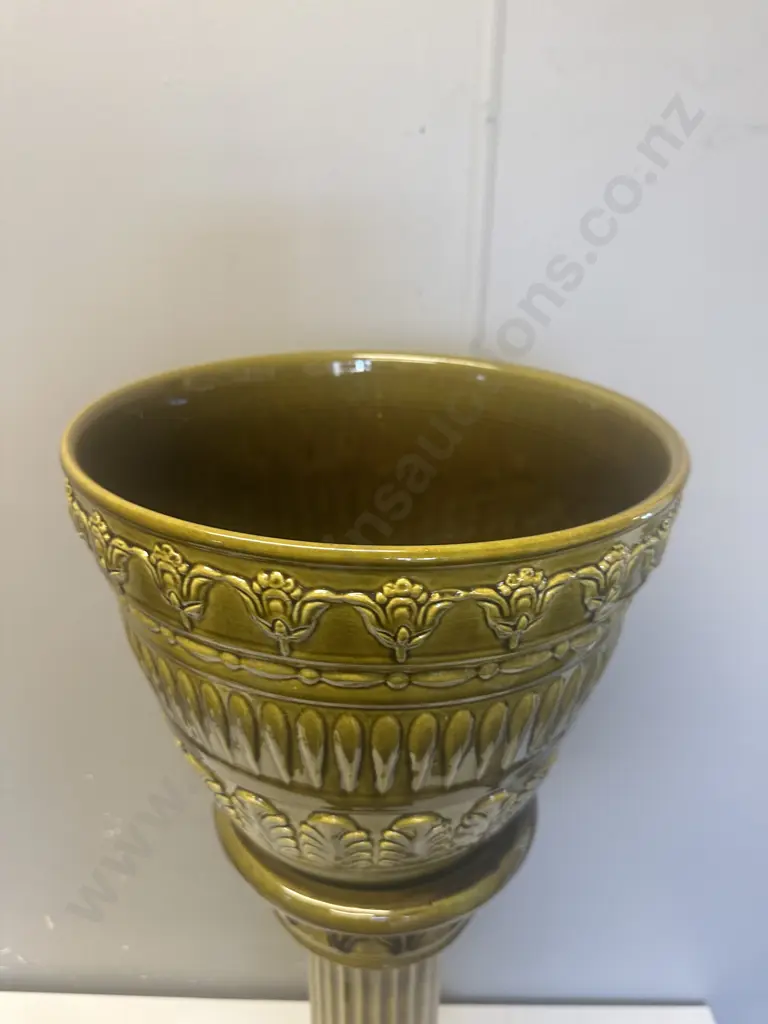 West German Two Piece Ceramic Jardinier & Pedestal Green Glazed Image 1++