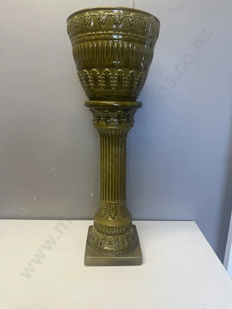 West German Two Piece Ceramic Jardinier & Pedestal Green Glazed Image 1++