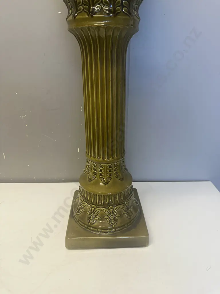 West German Two Piece Ceramic Jardinier & Pedestal Green Glazed Image 1++