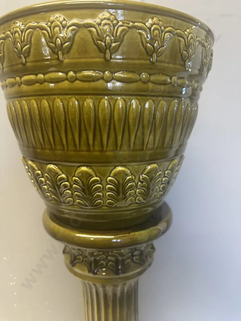 West German Two Piece Ceramic Jardinier & Pedestal Green Glazed Image 1++