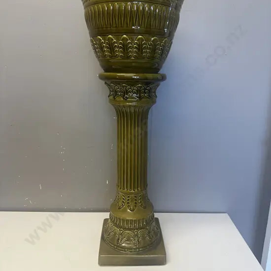 West German Two Piece Ceramic Jardinier & Pedestal Green Glazed