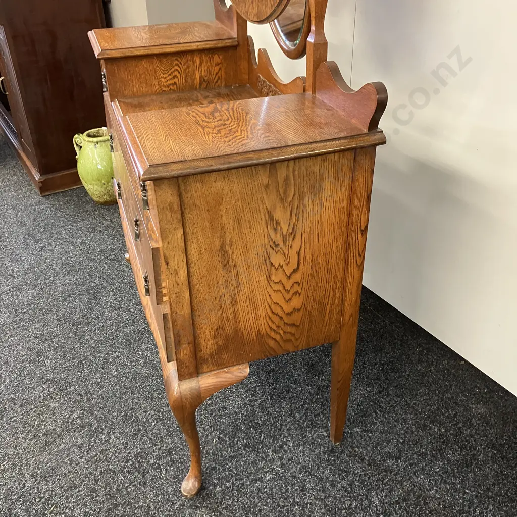 Art Deco Carved Oak Dressing Table, 3 Oval Bevel Edge Mirrors, 4 Drawers, Steel Drop Handles, Cab Legs. H170 W113 D45cm Image 1++