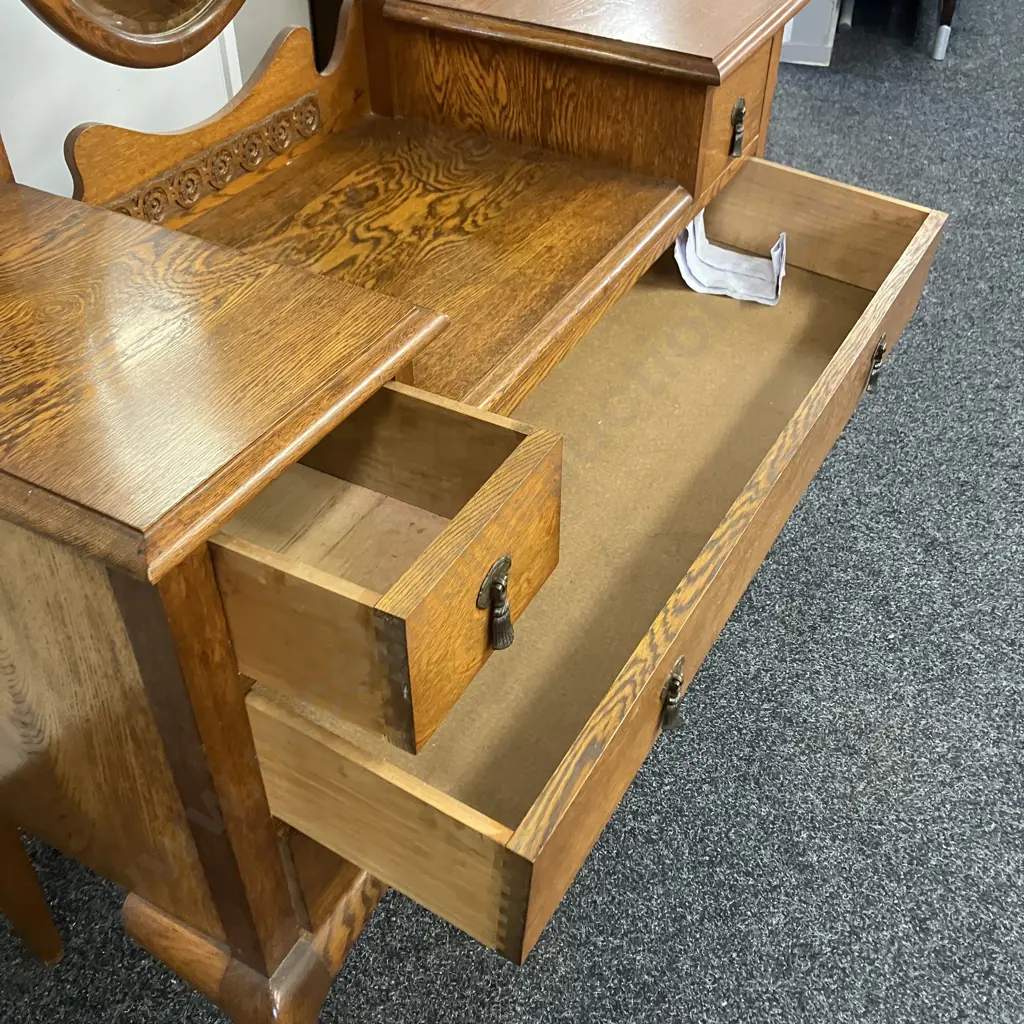 Art Deco Carved Oak Dressing Table, 3 Oval Bevel Edge Mirrors, 4 Drawers, Steel Drop Handles, Cab Legs. H170 W113 D45cm Image 1++