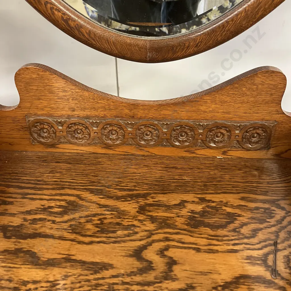 Art Deco Carved Oak Dressing Table, 3 Oval Bevel Edge Mirrors, 4 Drawers, Steel Drop Handles, Cab Legs. H170 W113 D45cm Image 1++