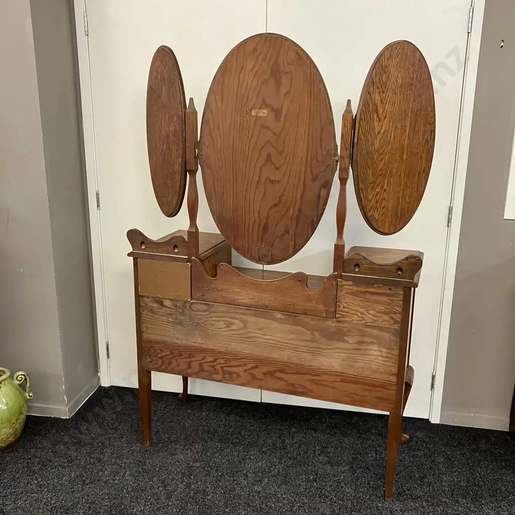 Art Deco Carved Oak Dressing Table, 3 Oval Bevel Edge Mirrors, 4 Drawers, Steel Drop Handles, Cab Legs. H170 W113 D45cm Image 1++