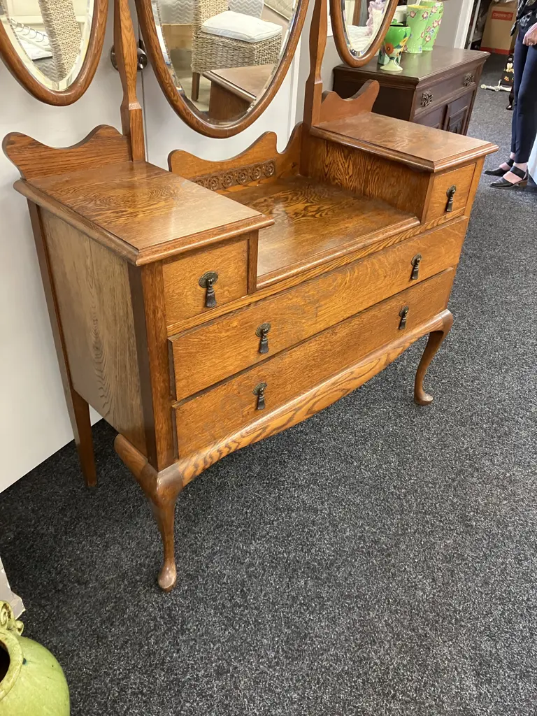 Art Deco Carved Oak Dressing Table, 3 Oval Bevel Edge Mirrors, 4 Drawers, Steel Drop Handles, Cab Legs. H170 W113 D45cm Image 1++