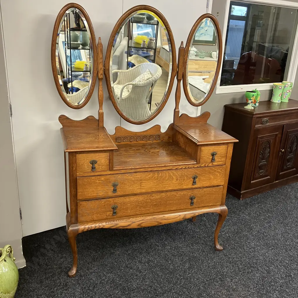 Art Deco Carved Oak Dressing Table, 3 Oval Bevel Edge Mirrors, 4 Drawers, Steel Drop Handles, Cab Legs. H170 W113 D45cm Image 1++