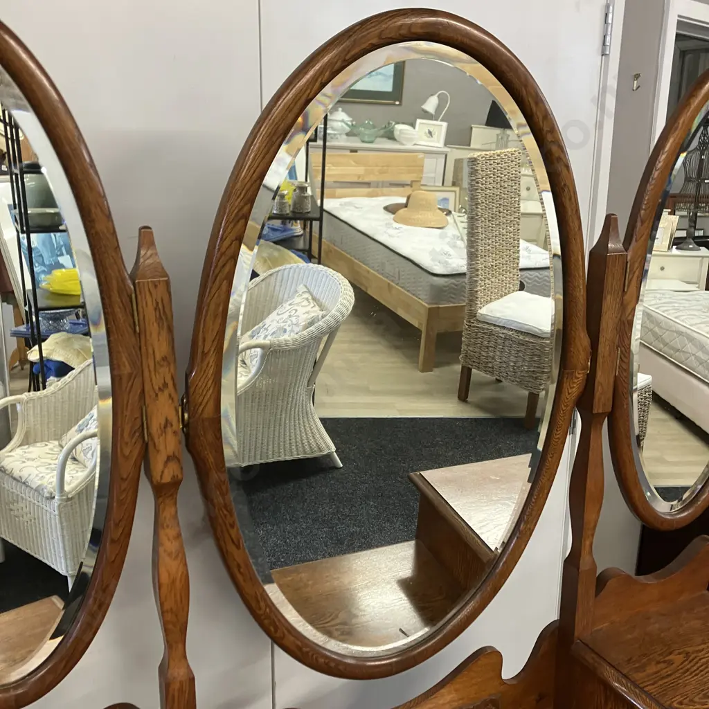Art Deco Carved Oak Dressing Table, 3 Oval Bevel Edge Mirrors, 4 Drawers, Steel Drop Handles, Cab Legs. H170 W113 D45cm Image 1++