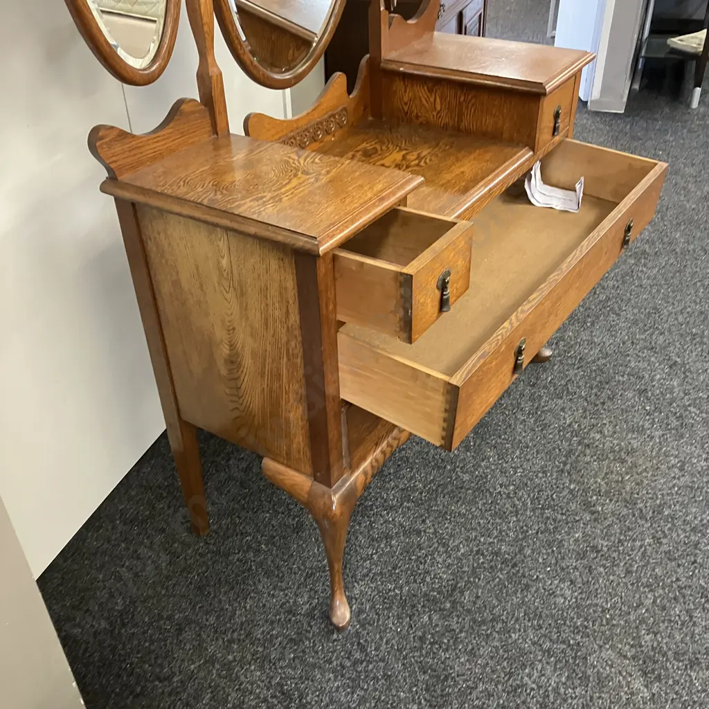 Art Deco Carved Oak Dressing Table, 3 Oval Bevel Edge Mirrors, 4 Drawers, Steel Drop Handles, Cab Legs. H170 W113 D45cm Image 1++