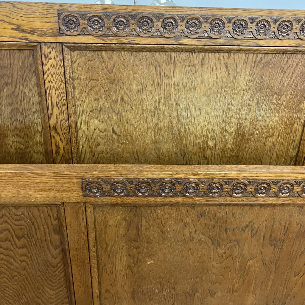 Art Deco Carved Oak Bed Ends With Steel Rails, Cabriole Legs. Headboard End Measures 109 x 140cm Image 1++