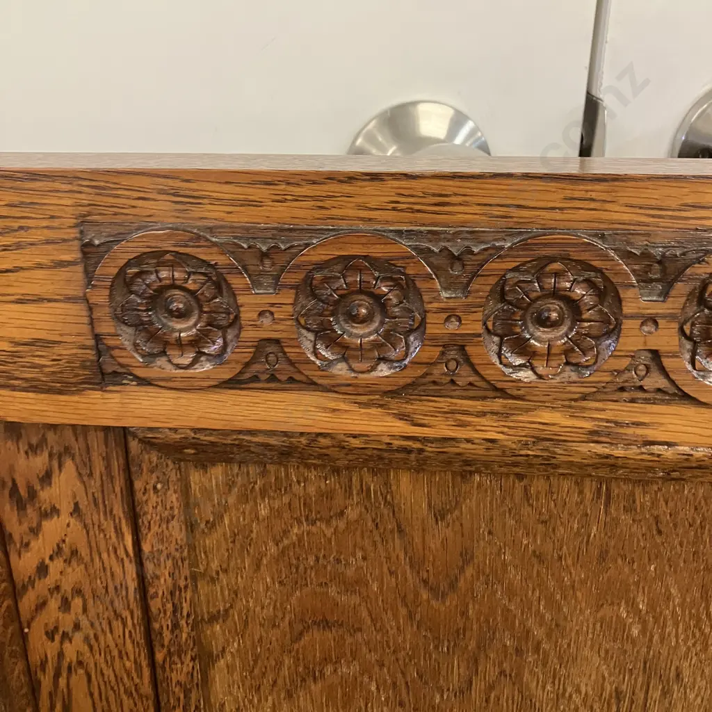 Art Deco Carved Oak Bed Ends With Steel Rails, Cabriole Legs. Headboard End Measures 109 x 140cm Image 1++