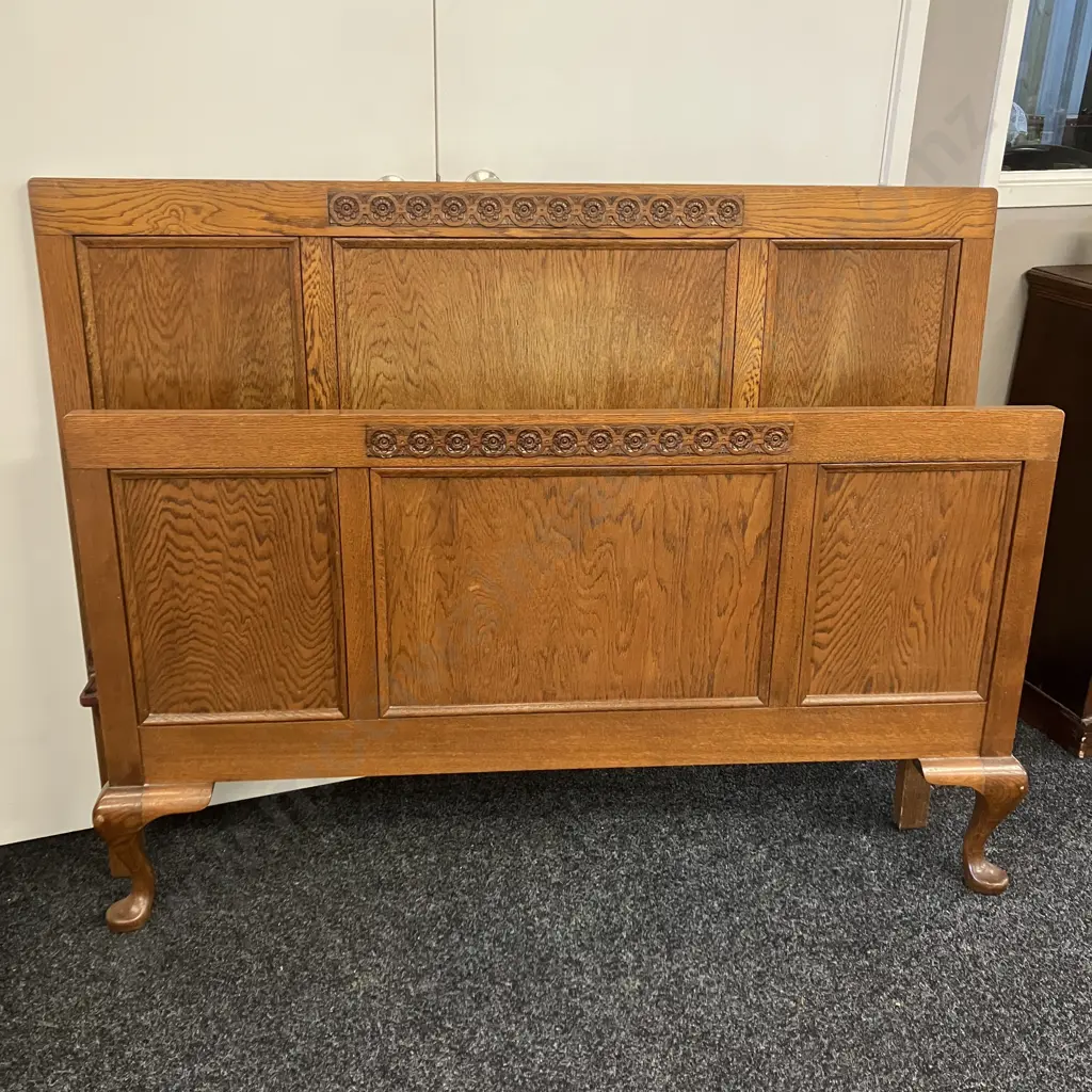 Art Deco Carved Oak Bed Ends With Steel Rails, Cabriole Legs. Headboard End Measures 109 x 140cm Image 1++