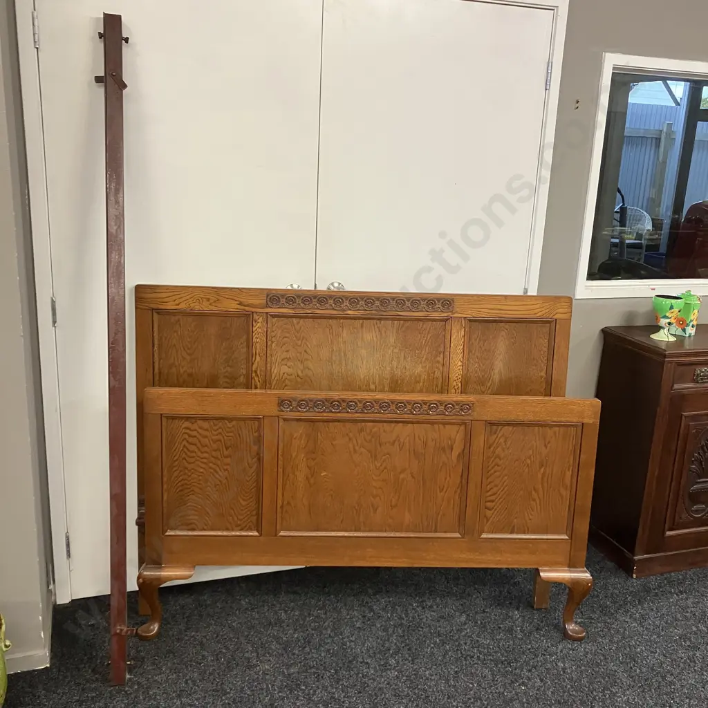 Art Deco Carved Oak Bed Ends With Steel Rails, Cabriole Legs. Headboard End Measures 109 x 140cm Image 1++
