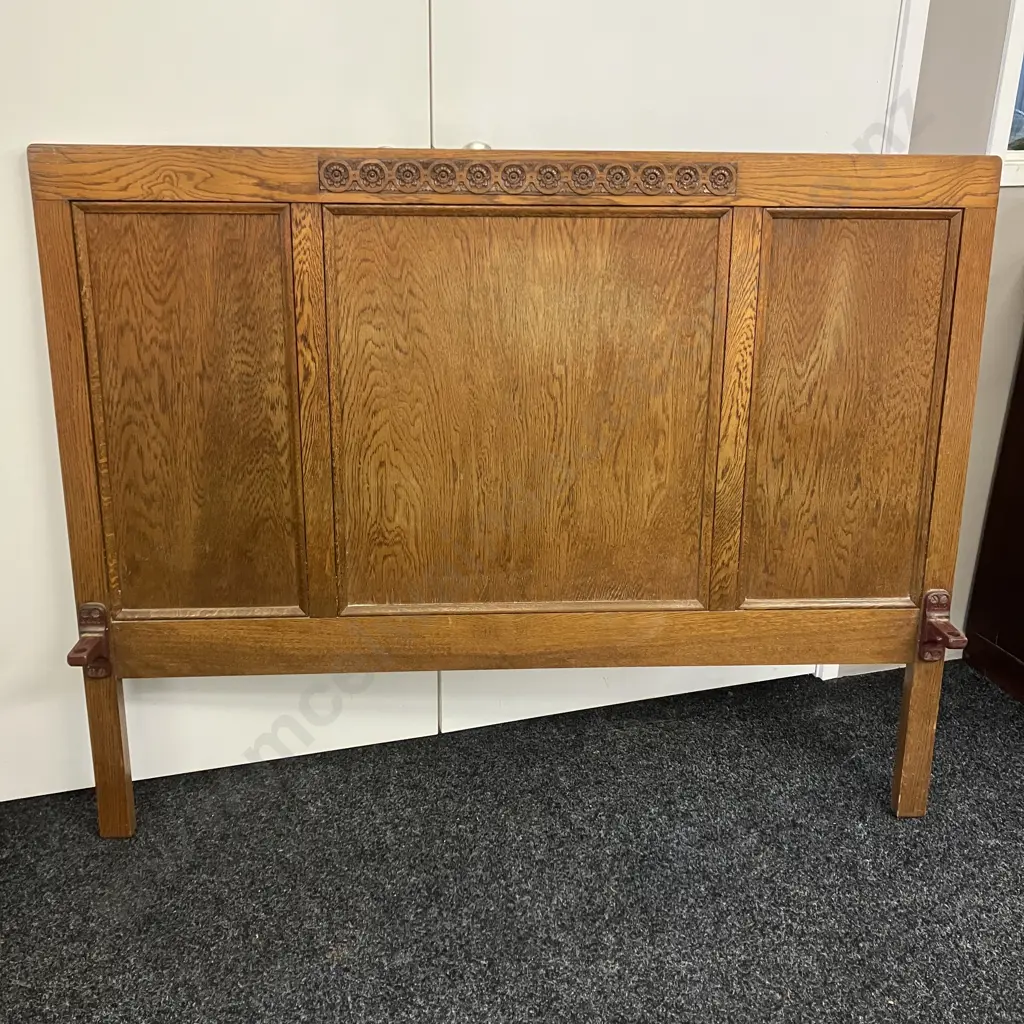 Art Deco Carved Oak Bed Ends With Steel Rails, Cabriole Legs. Headboard End Measures 109 x 140cm Image 1++