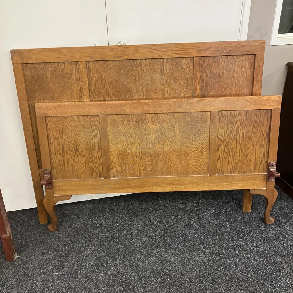 Art Deco Carved Oak Bed Ends With Steel Rails, Cabriole Legs. Headboard End Measures 109 x 140cm Image 1++