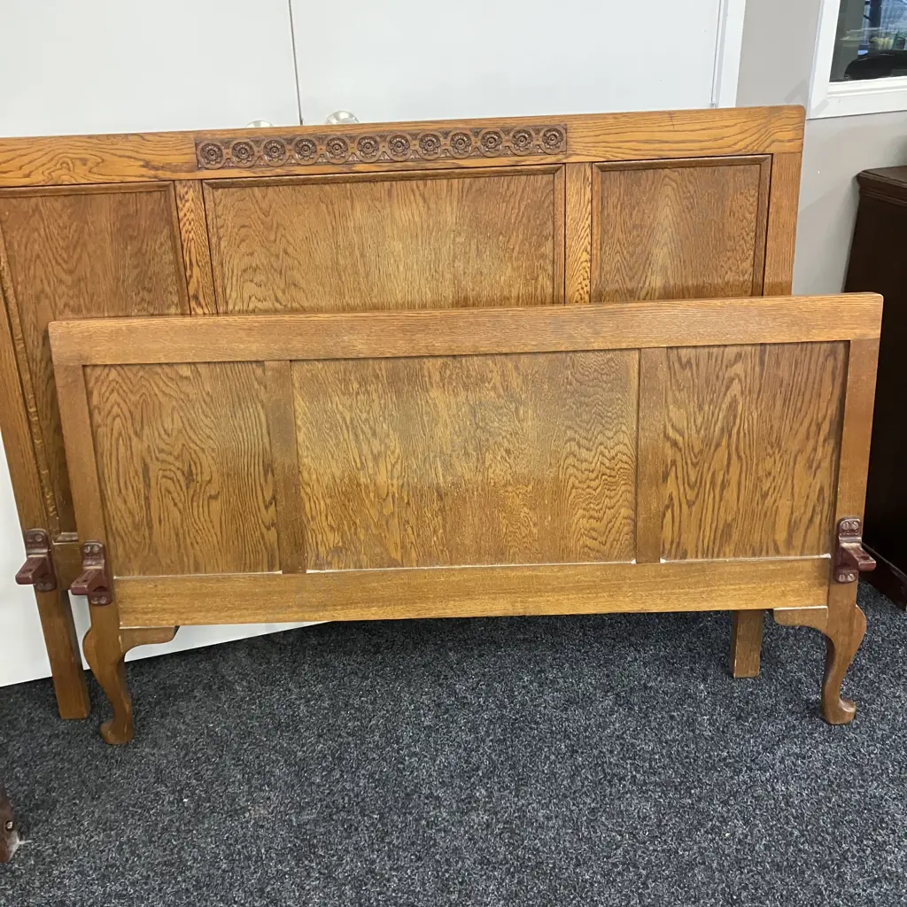 Art Deco Carved Oak Bed Ends With Steel Rails, Cabriole Legs. Headboard End Measures 109 x 140cm Image 1++