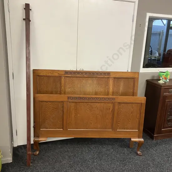 Art Deco Carved Oak Bed Ends With Steel Rails, Cabriole Legs. Headboard End Measures 109 x 140cm