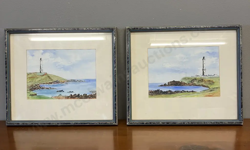 William Haining, Scotland (1889 - 1984) Pair of Coastal Scene 'Lighthouse' Watercolours, Signed & Dated 1935 & 1938 Image 1++