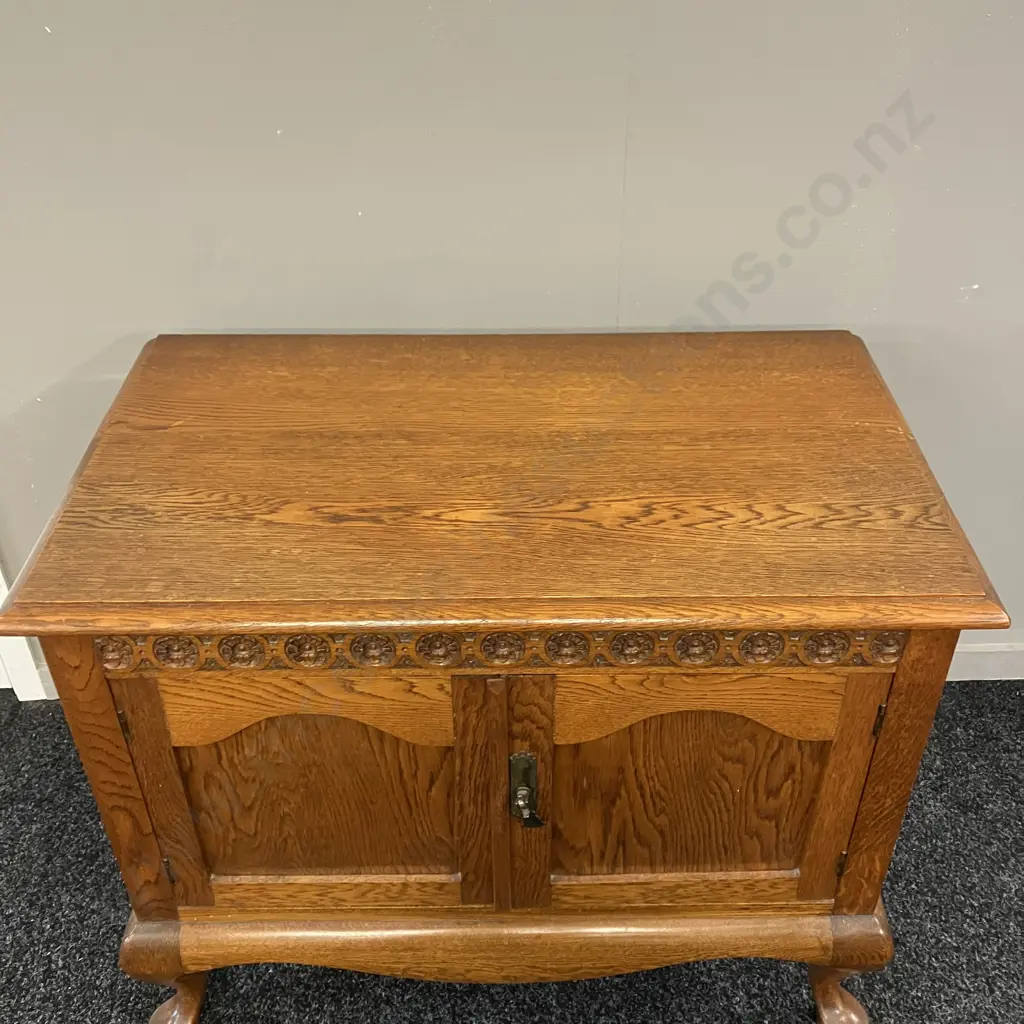 Art Deco Carved Oak 2 Door Cabinet, Cabriole Legs. H61 W76 D44cm Image 1++