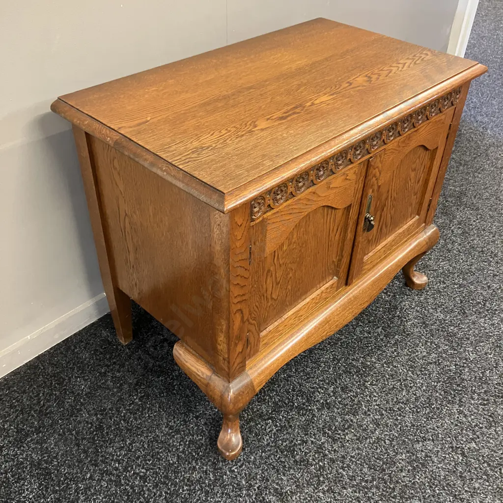 Art Deco Carved Oak 2 Door Cabinet, Cabriole Legs. H61 W76 D44cm Image 1++