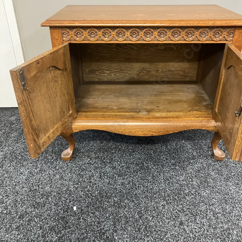 Art Deco Carved Oak 2 Door Cabinet, Cabriole Legs. H61 W76 D44cm Image 1++