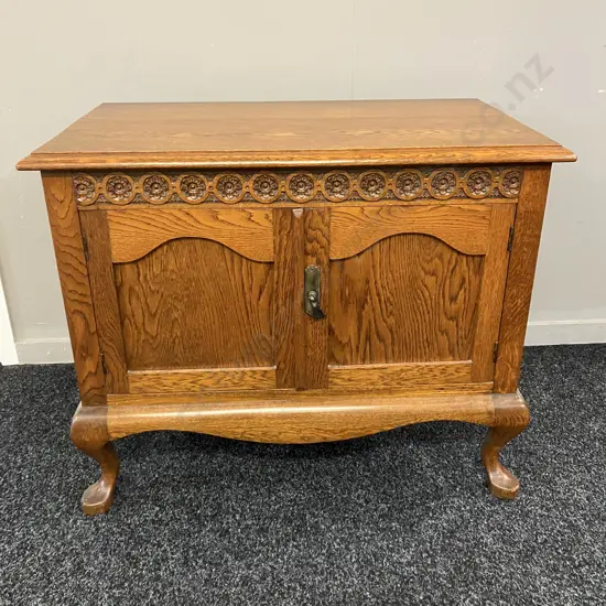 Art Deco Carved Oak 2 Door Cabinet, Cabriole Legs. H61 W76 D44cm