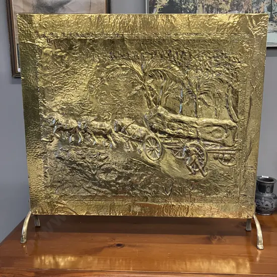 Vintage Beaten Copper & Brass Firescreen With Horse Logging Scene. H68 W74 D13cm