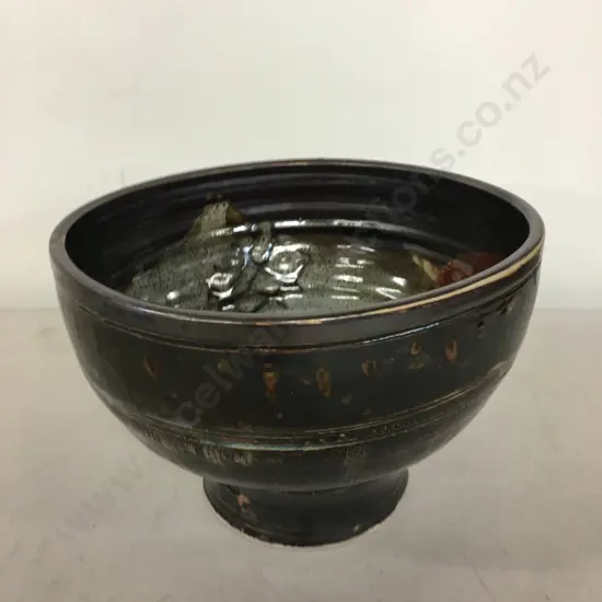 New Zealand Pottery Footed Glazed Bowl, Signed. 16 x 23cm