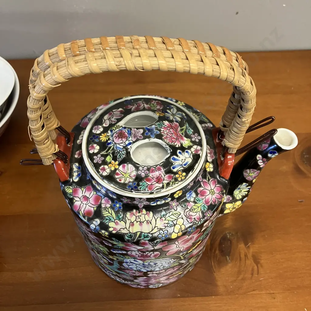 Vintage Chinese Black Floral Teapot, Bowls, Ginger Jar & Small Pot Image 1++