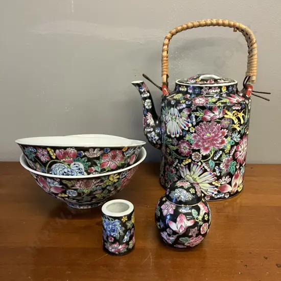 Vintage Chinese Black Floral Teapot, Bowls, Ginger Jar & Small Pot