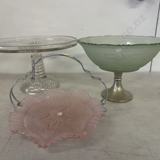 Vintage Glass Tassas With Pink Cake Plate
