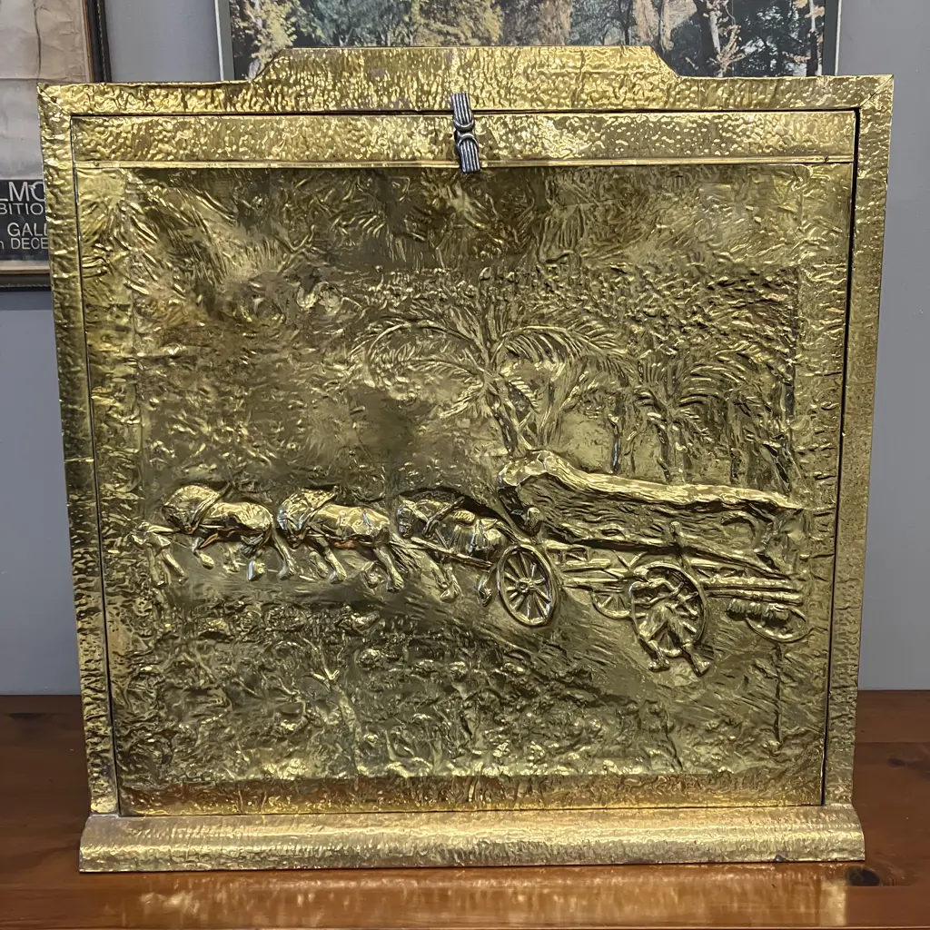 Vintage Beaten Copper & Brass Firescreen & Spark Catcher With Horse Logging Scene. H72 W115 D5.5cm Image 1++