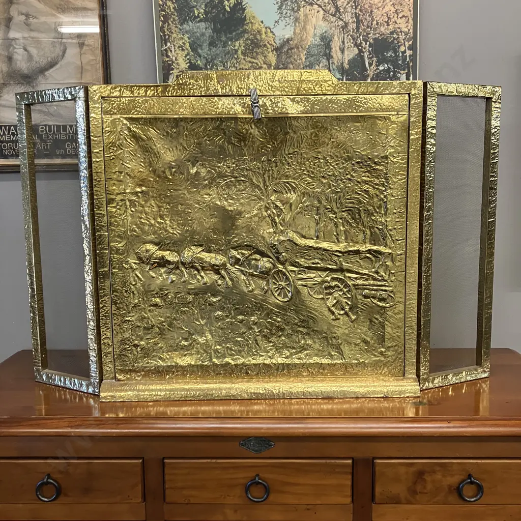 Vintage Beaten Copper & Brass Firescreen & Spark Catcher With Horse Logging Scene. H72 W115 D5.5cm Image 1++