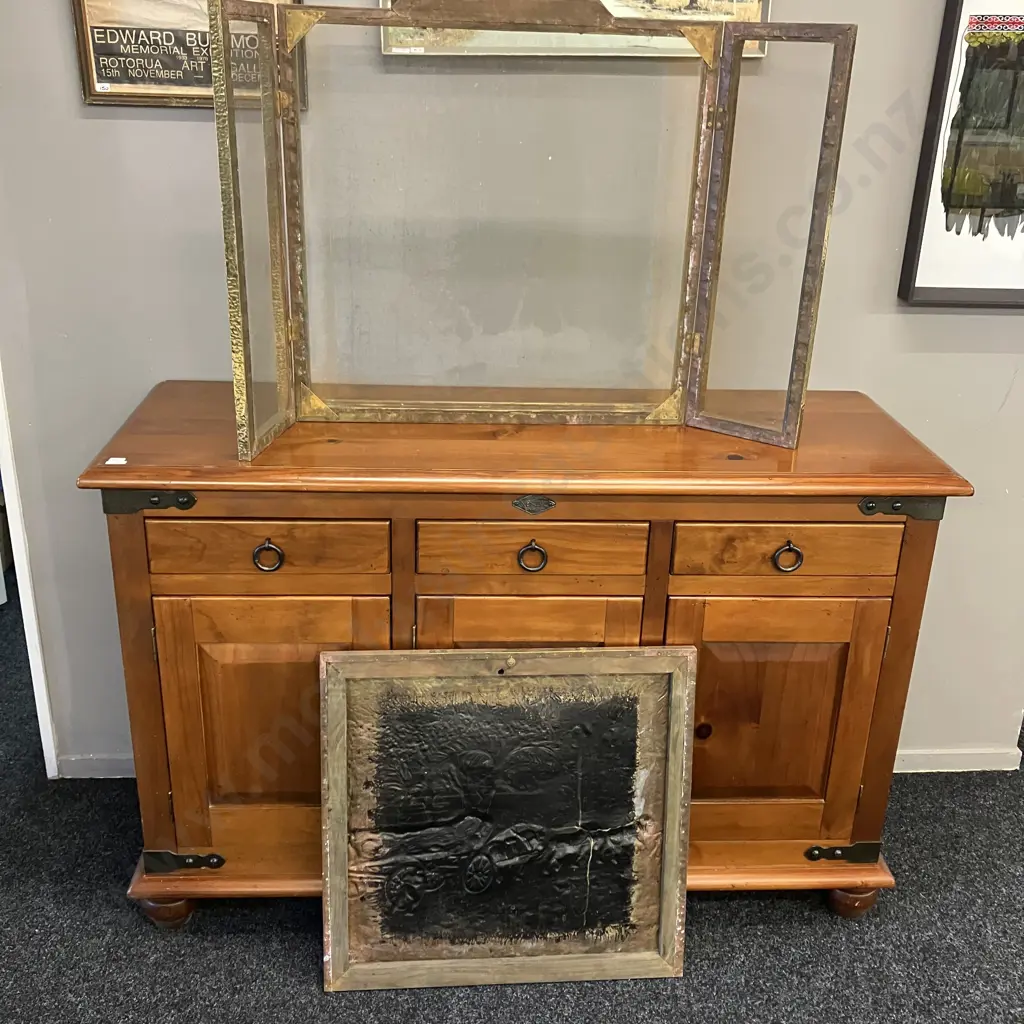 Vintage Beaten Copper & Brass Firescreen & Spark Catcher With Horse Logging Scene. H72 W115 D5.5cm Image 1++