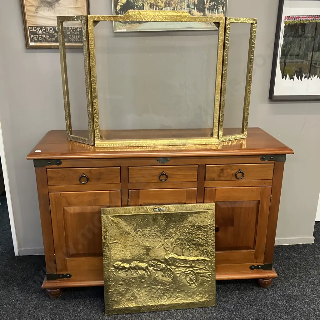 Vintage Beaten Copper & Brass Firescreen & Spark Catcher With Horse Logging Scene. H72 W115 D5.5cm Image 1++