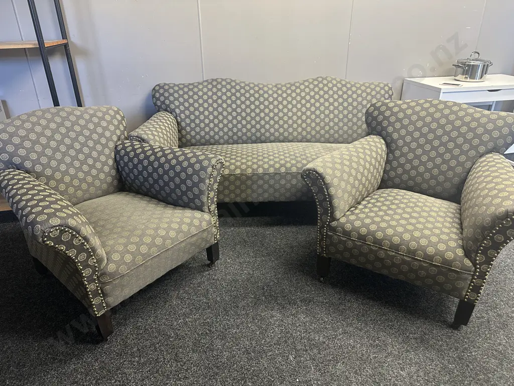 Antique Lounge Suite Three Seater Settee & Two Chairs Domed Detail With Curved Arms On Original Castors Grey/Cream  Image 1++