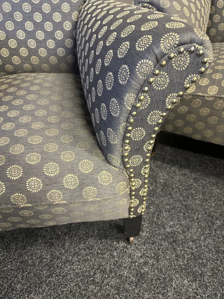 Antique Lounge Suite Three Seater Settee & Two Chairs Domed Detail With Curved Arms On Original Castors Grey/Cream  Image 1++