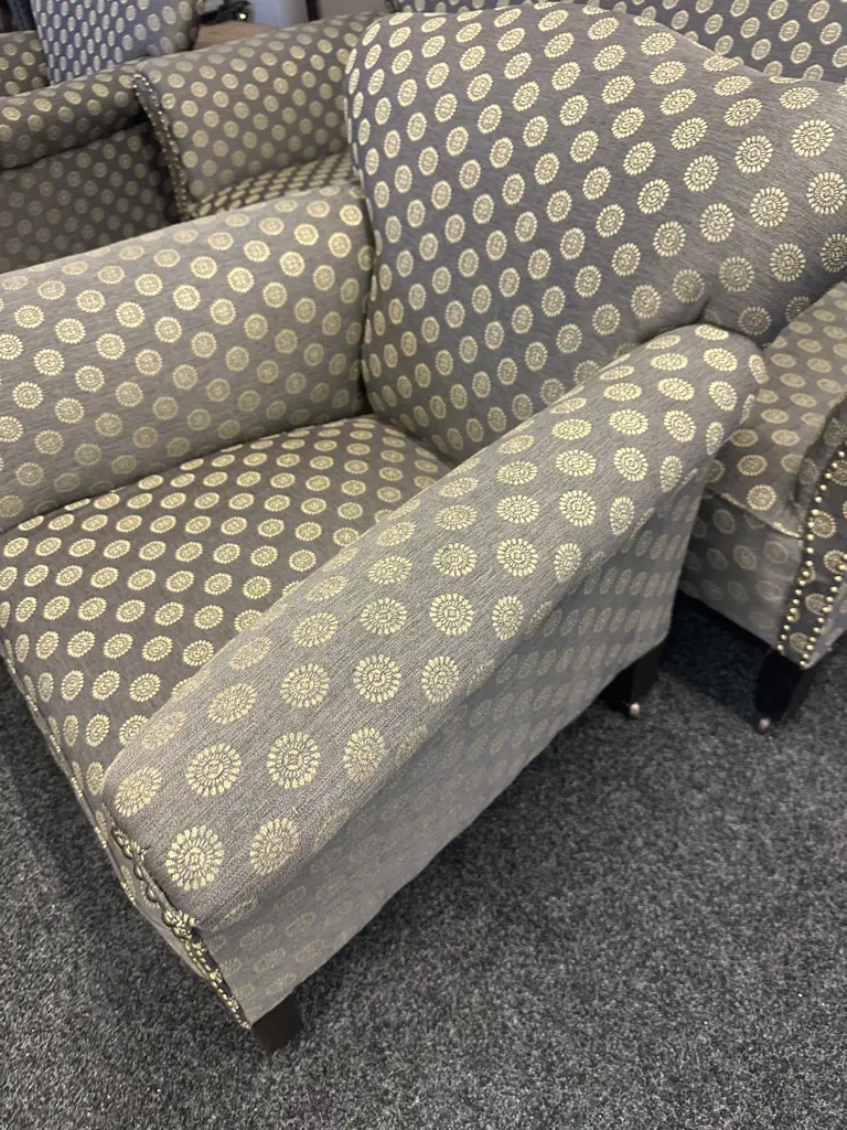 Antique Lounge Suite Three Seater Settee & Two Chairs Domed Detail With Curved Arms On Original Castors Grey/Cream  Image 1++
