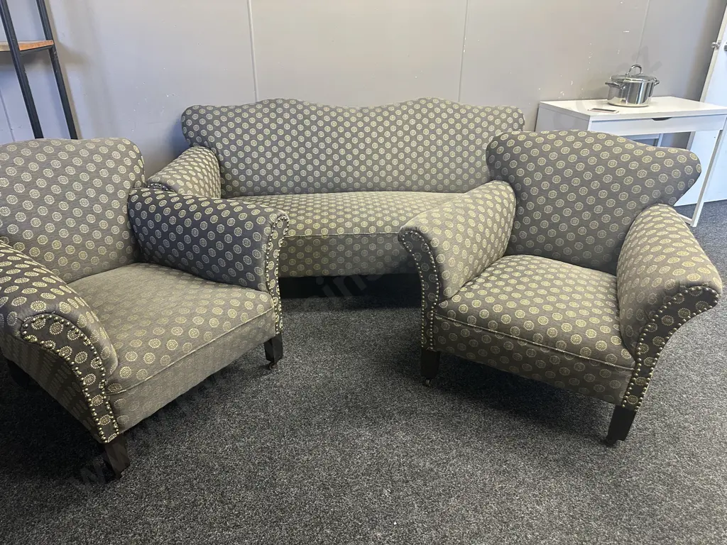 Antique Lounge Suite Three Seater Settee & Two Chairs Domed Detail With Curved Arms On Original Castors Grey/Cream  Image 1++
