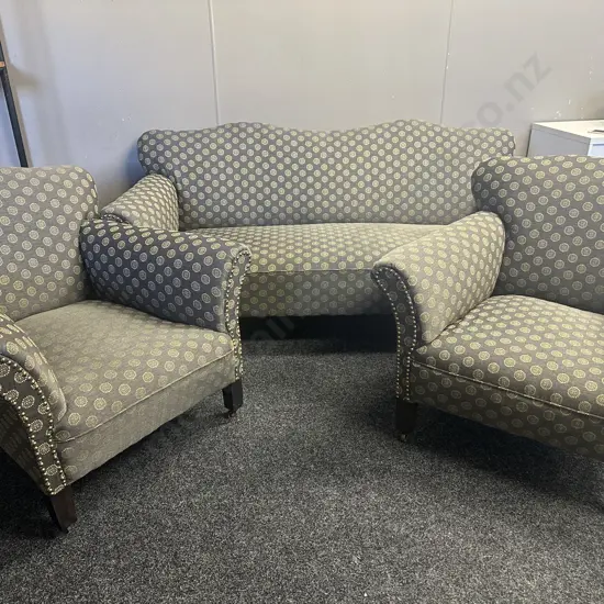 Antique Lounge Suite Three Seater Settee & Two Chairs Domed Detail With Curved Arms On Original Castors Grey/Cream 