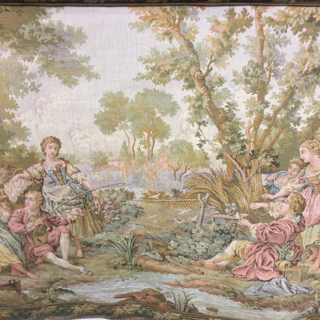 Vintage Wall Hung Tapestry On Mahogany Rod Fishing Scene H73,W98cm. Image 1++