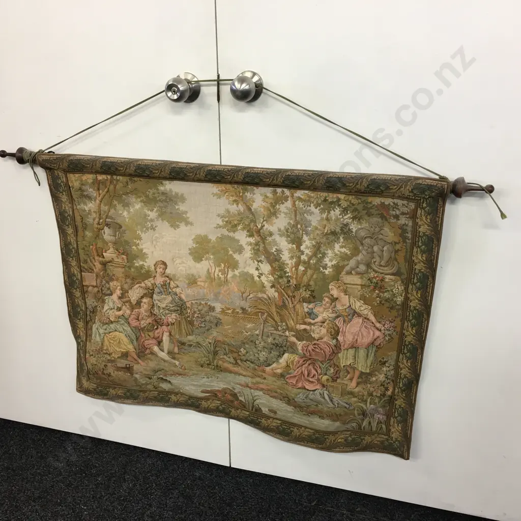 Vintage Wall Hung Tapestry On Mahogany Rod Fishing Scene H73,W98cm. Image 1++