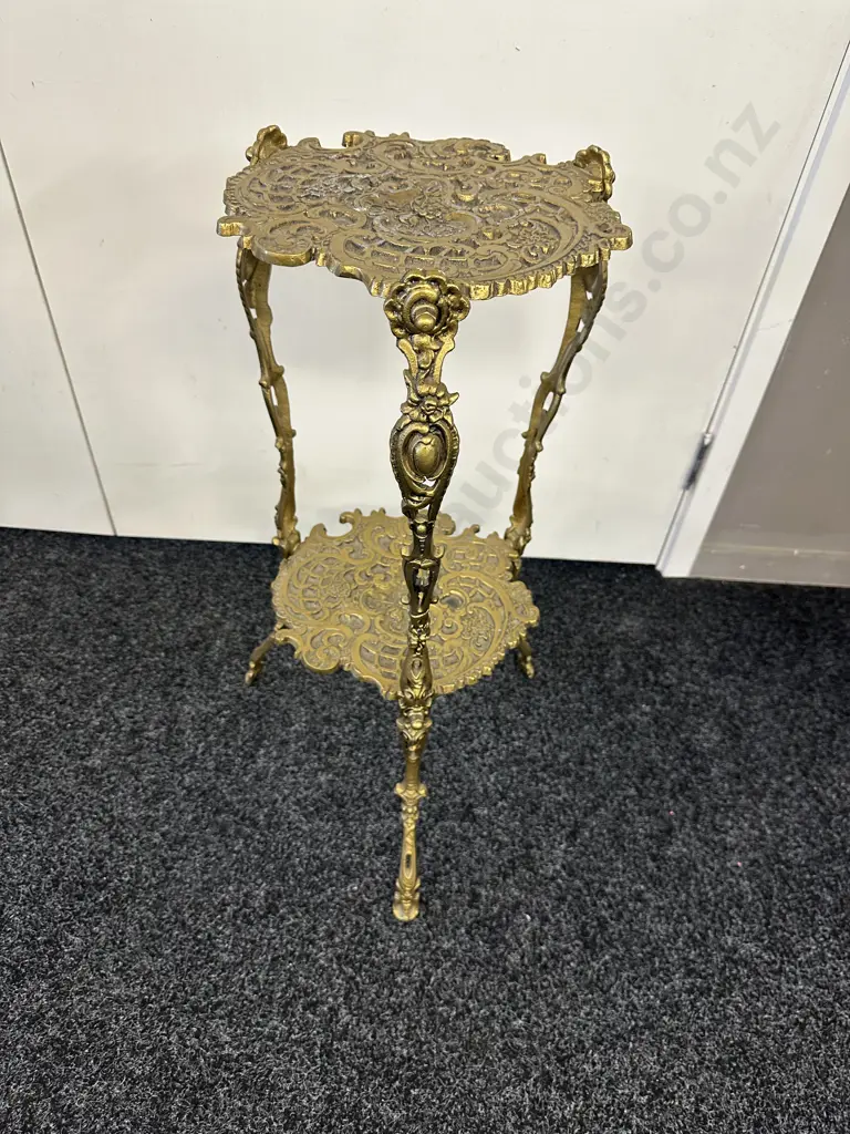 Elegant Ornate Brass Coloured Two Tier Plant Stand H70cm. Image 1++